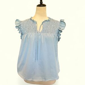 Strut & Bolt Blue Smocked Ruffled Cap Sleeve Blouse